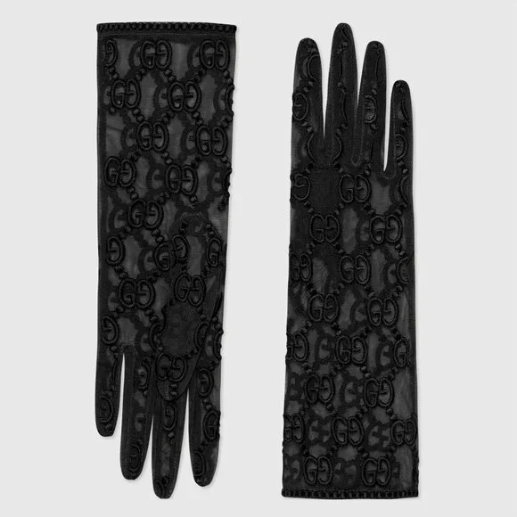 GUCCI GLOVES 787379 BLACK TULLE w GG LOGO MOTIF EMBROIDERY sz 8 / L - Picture 5 of 14